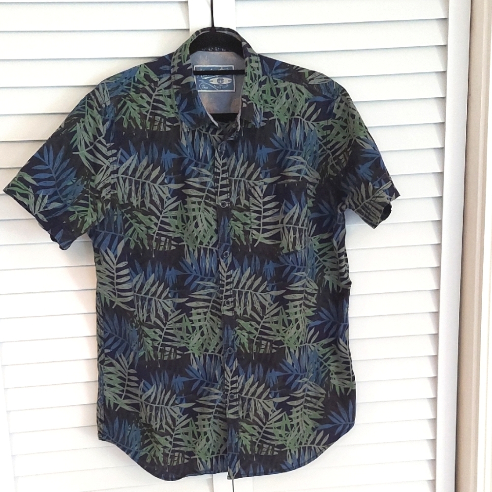 Huntington Beach Club Shirt, Size L, Casual Buttondown, Collar, Black Leaf Print